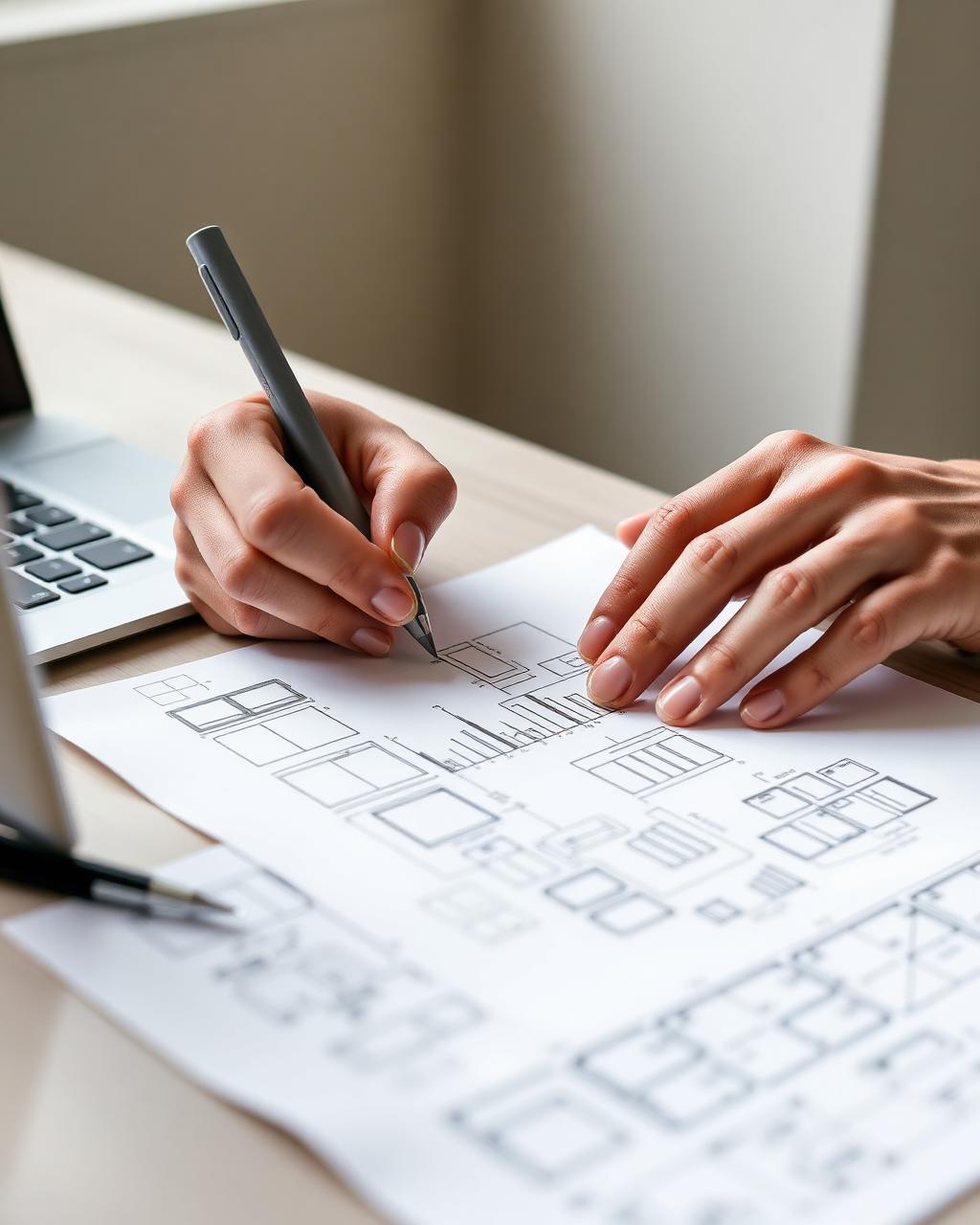 Hands sketching wireframes beside a laptop