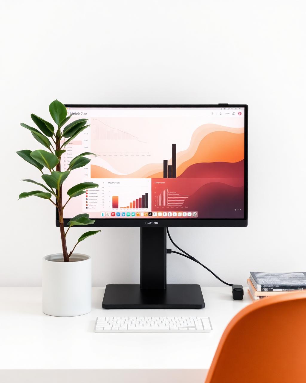 Bright workspace with analytics on screen